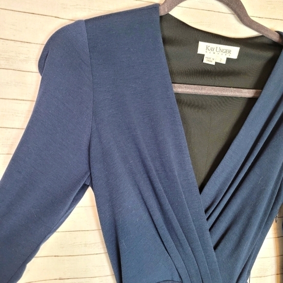 KAY UNGER NAVY BLUE LONG SLEEVE FAUX WRAP DRESS, SZ 2 - Picture 2 of 12